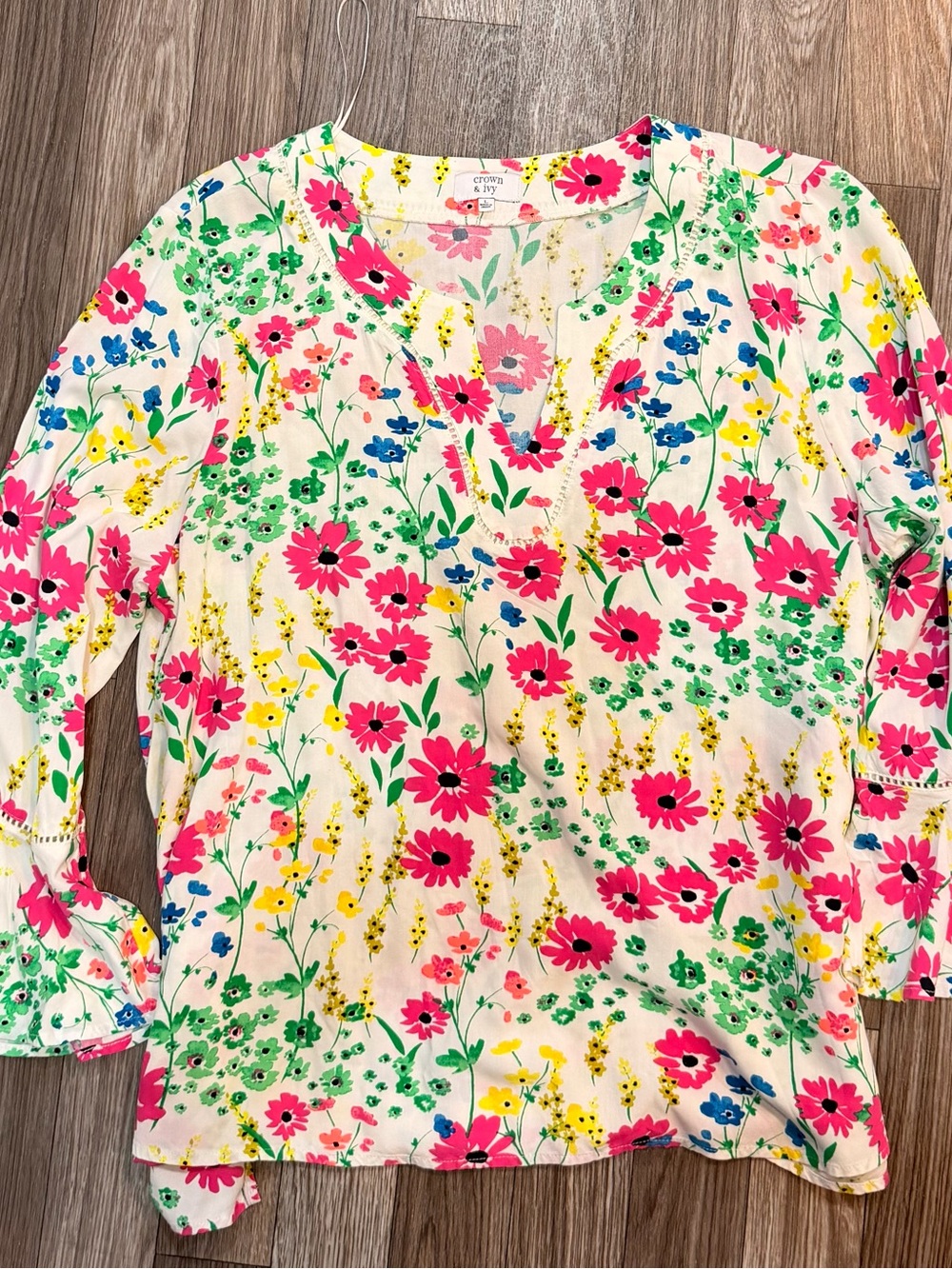 crown & ivy Cream Floral V-Neck Top with Pink, Green & Yellow Accents
